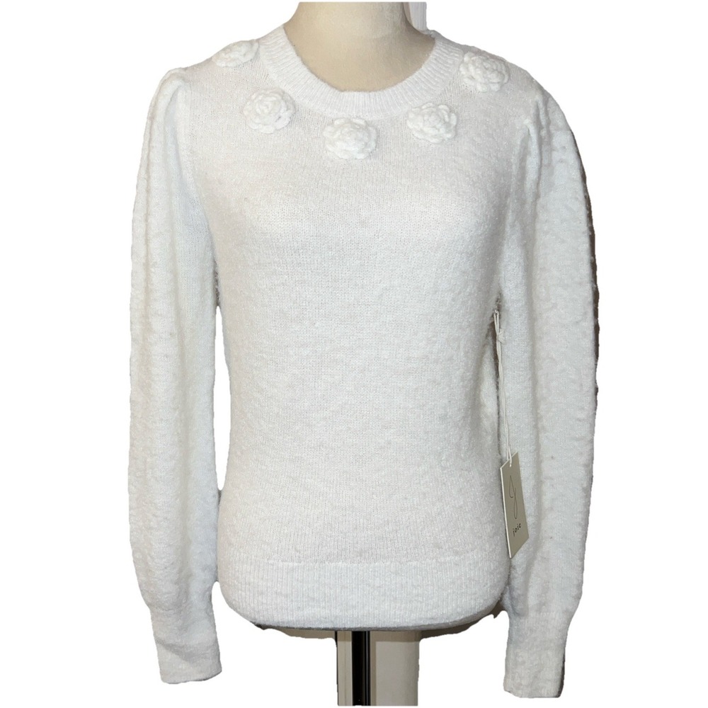 NEW-Joie~SMALL~white sweater fuzzy crewneck/flower embellished.